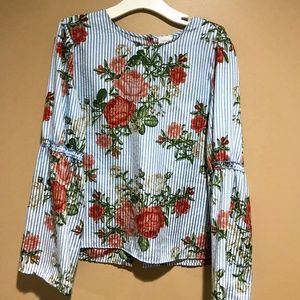 Belle Sleeve Stripped Floral Blouse w/ Buttons